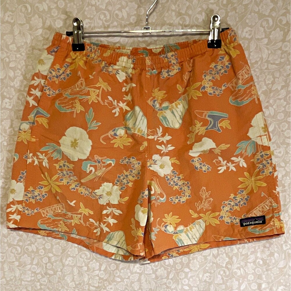 Patagonia Men's S Orange Floral Swim Shorts Mesh Lined Elastic Waist Pockets